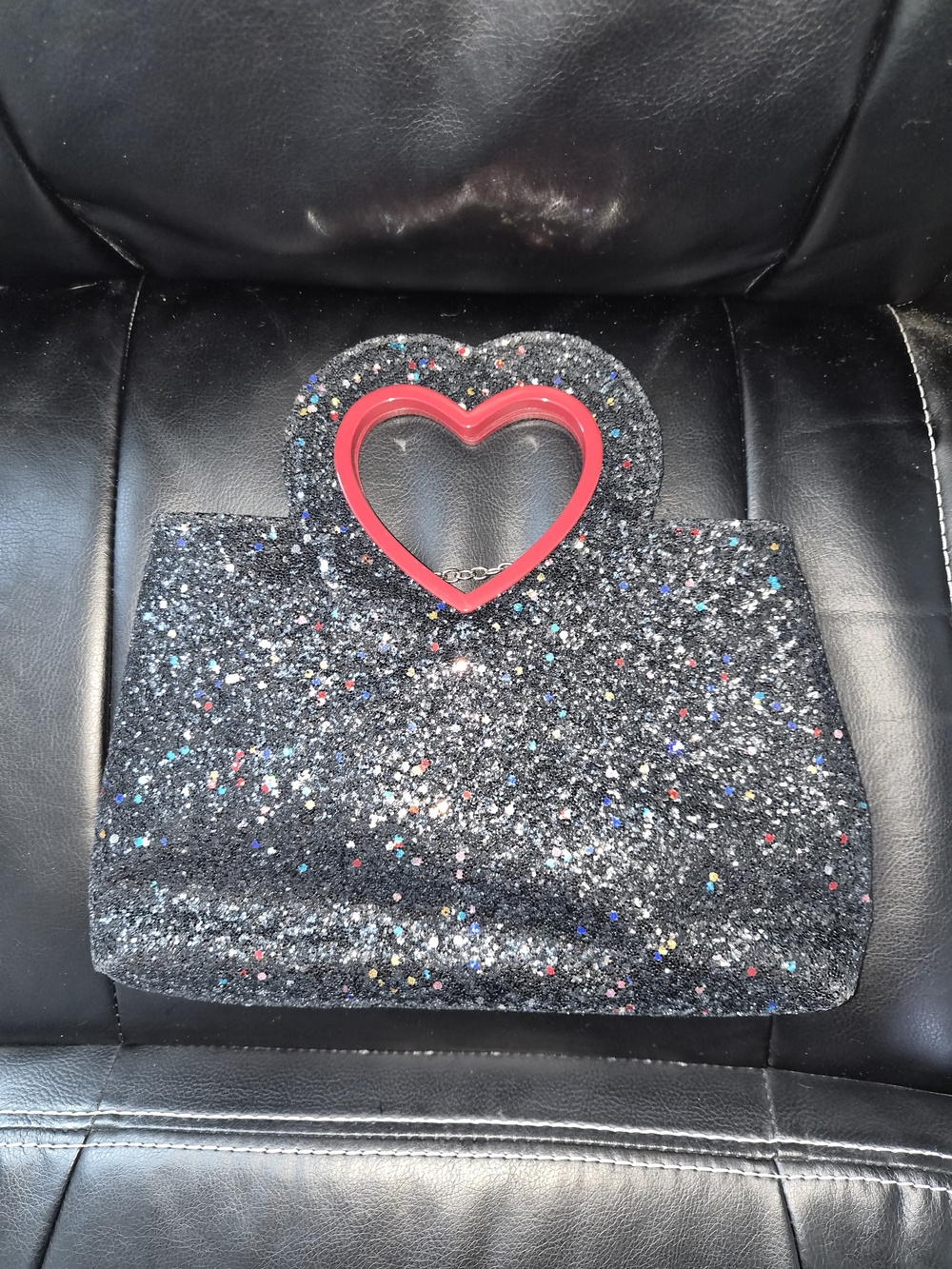 Glitter Heart Handle Clutch Bag in Black with Multicolor Sparkle